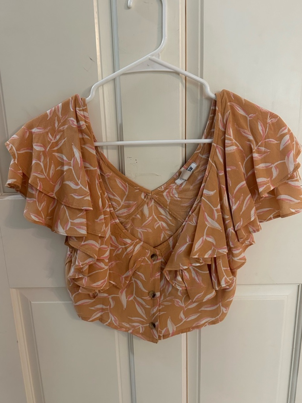 Amuse Society Mustard Floral Ruffle Button-Front Top